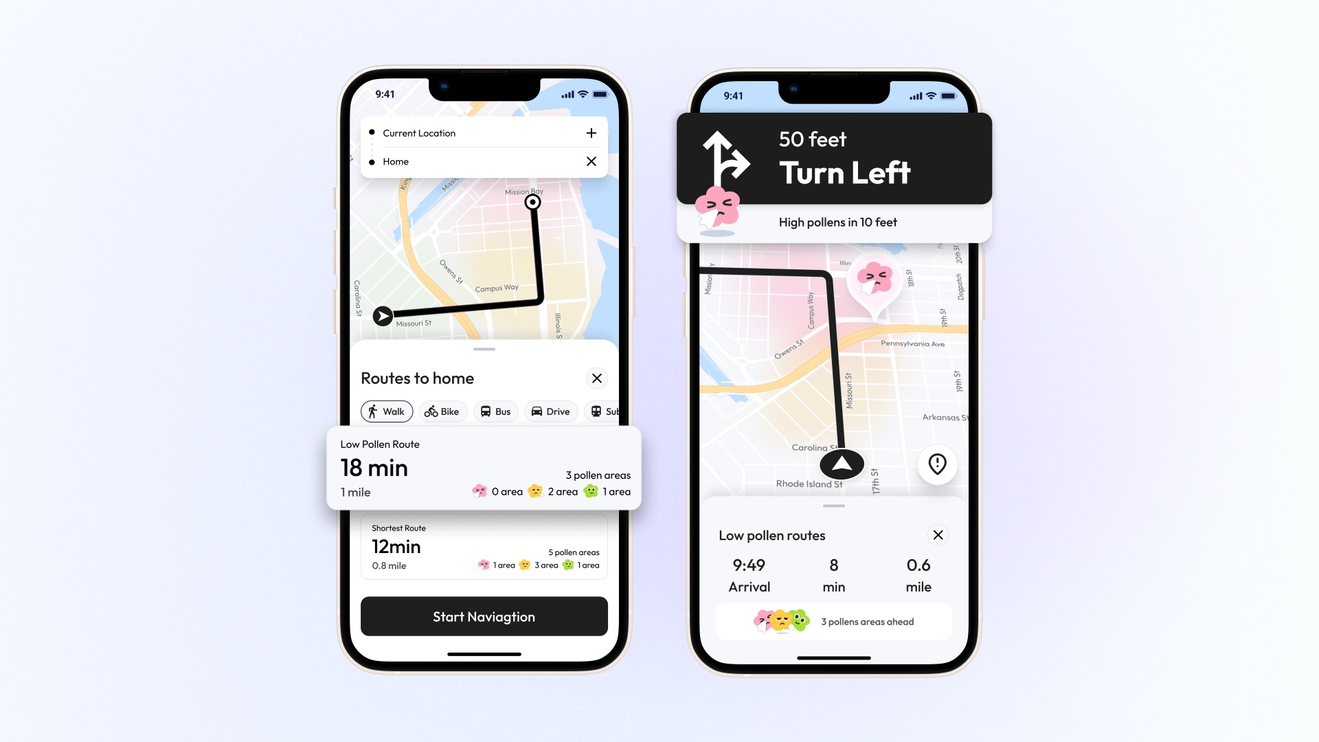 Low-pollen route navigation