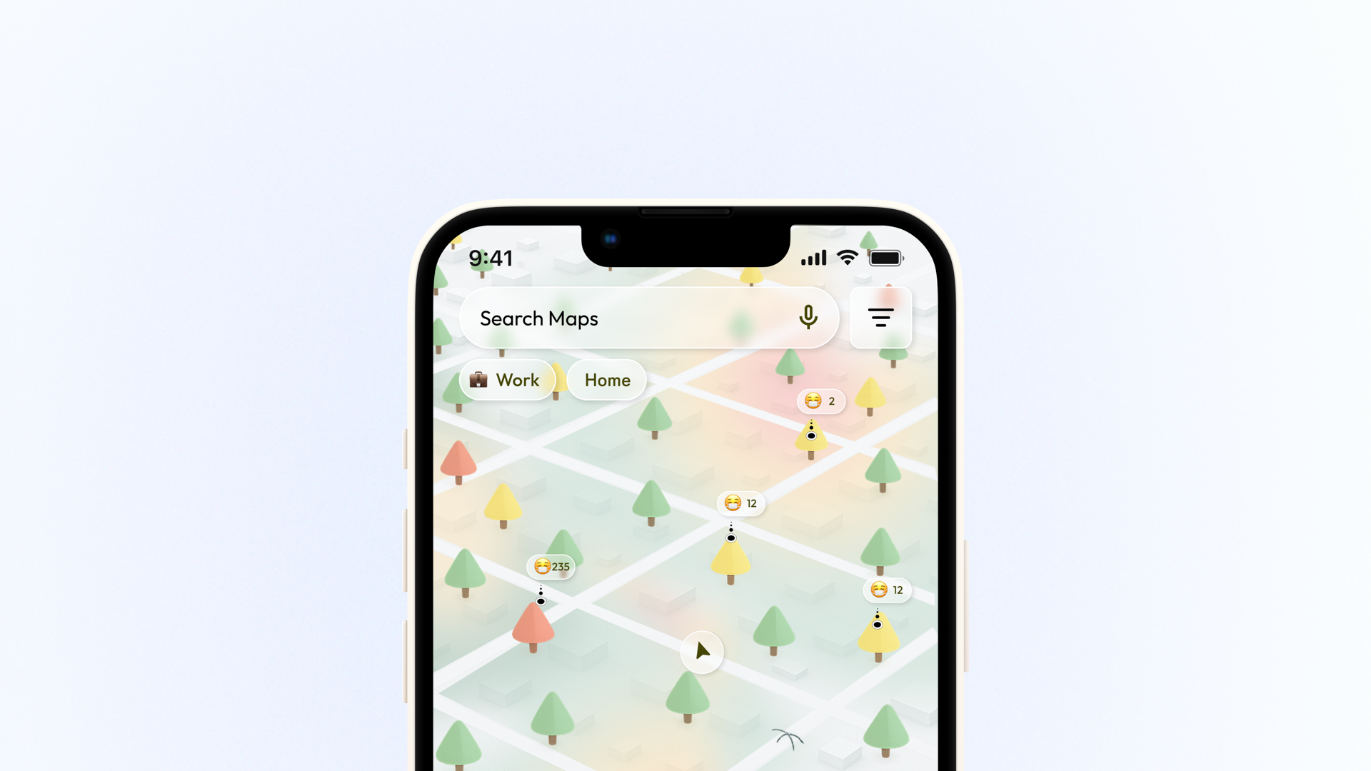 Map Version 2: 3D white map with color-coded trees