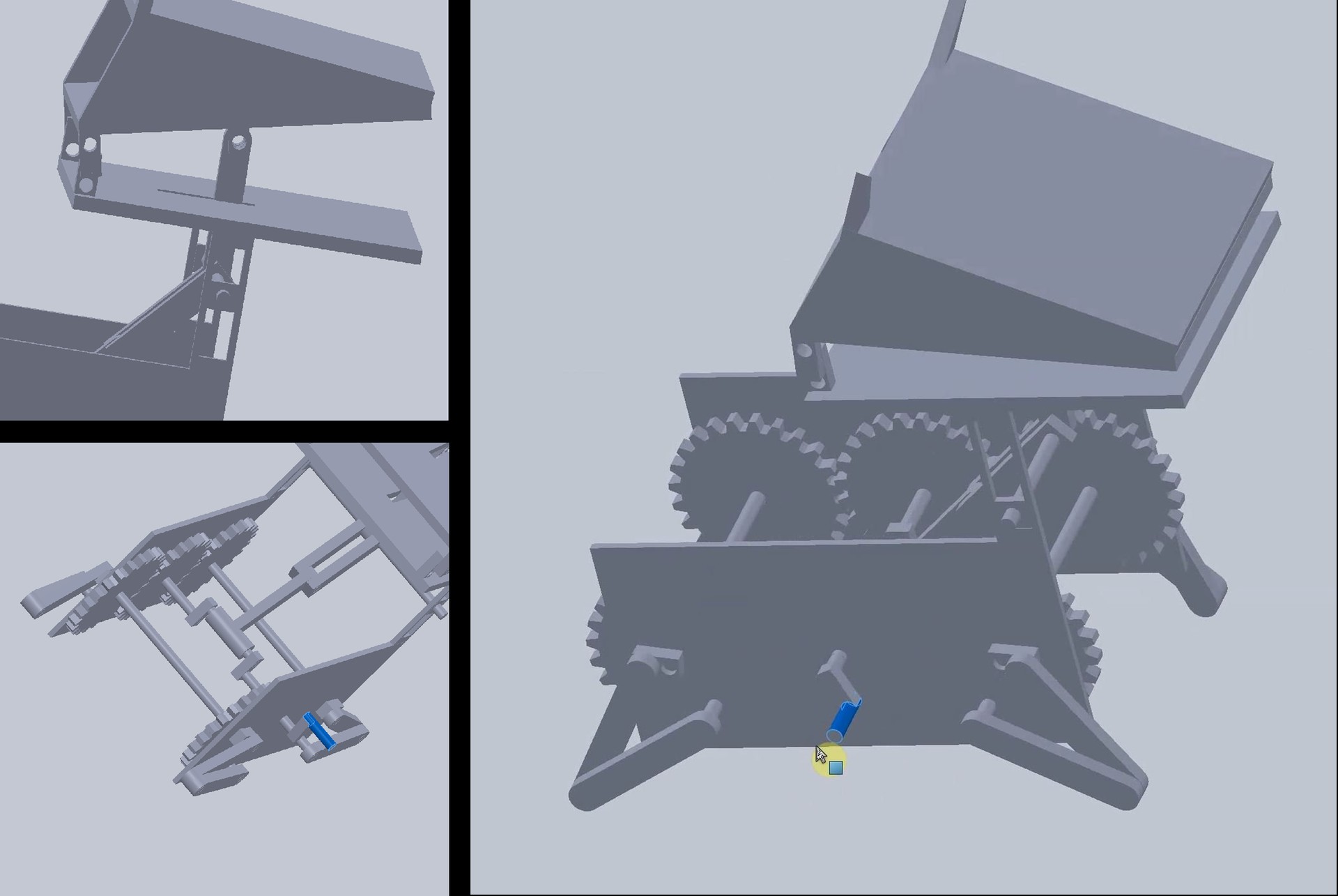 Running Dog — tri-gear tilting mechanism modeled in SolidWorks