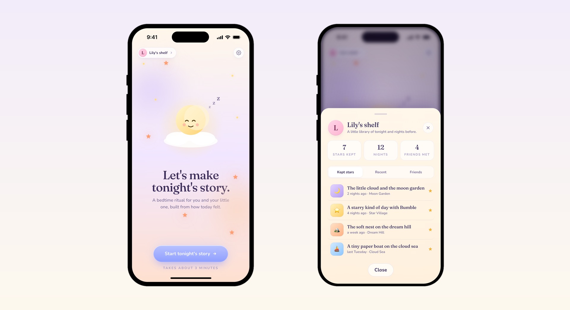 Saved stories as a constellation on the welcome screen, and Lily's shelf