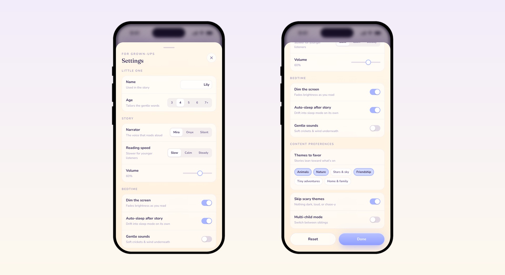 The parent settings sheet: little one, story, bedtime, and content preferences