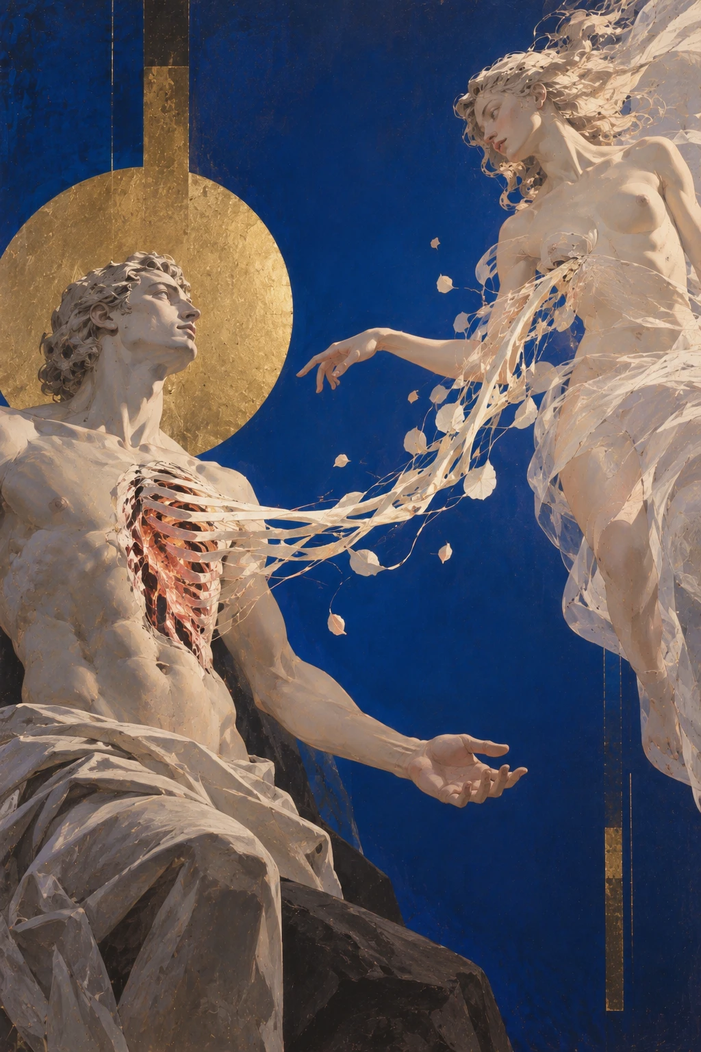 The Rib, a painting of a pale man under a gold halo whose opened ribs stream out as ribbons and petals into a woman drifting away over deep blue
