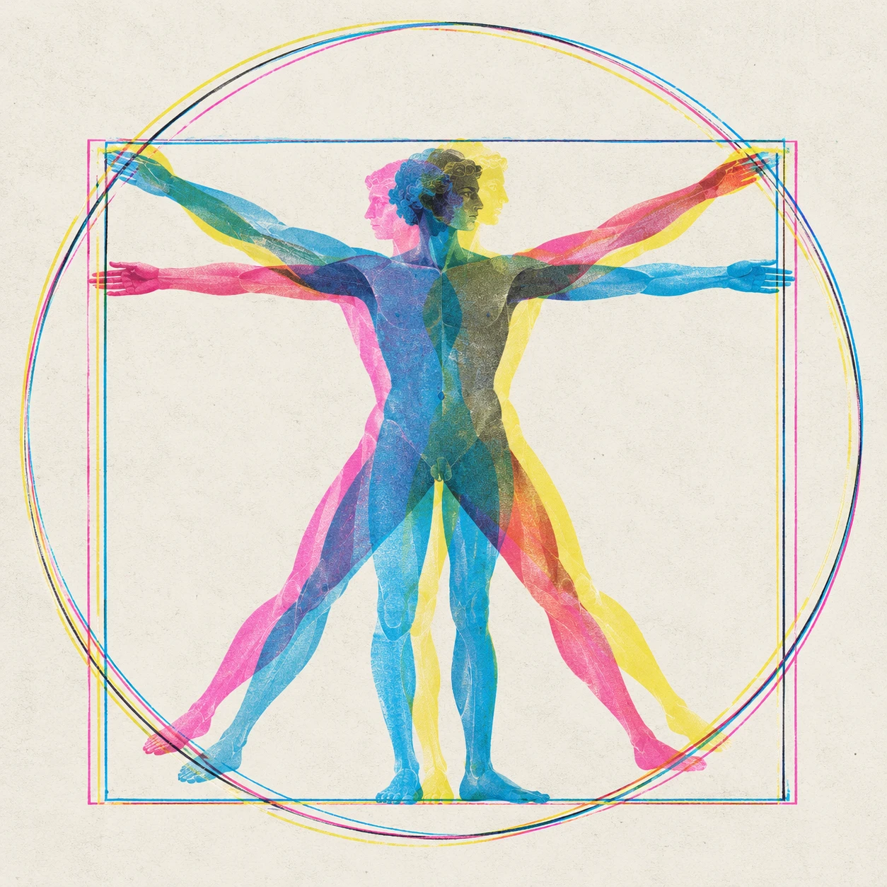 Vitruvian, Leonardo's Vitruvian Man redrawn as overlapping cyan, magenta, and yellow figures that share one center and spread apart toward the circle and square